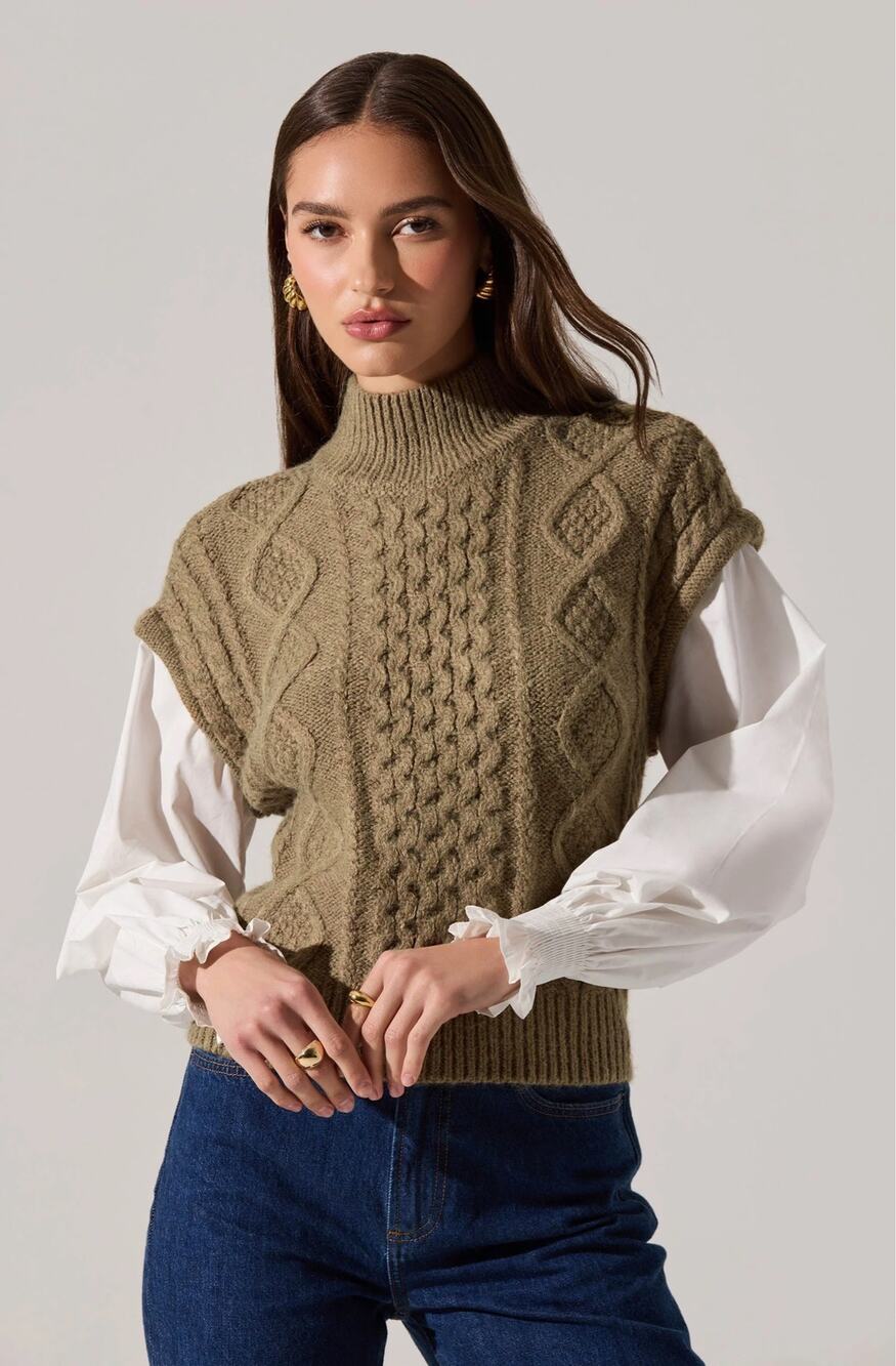 ASTR the Label Sz M Angeline Mixed Media Sweater Cable Knit Poplin Sleeve Preppy